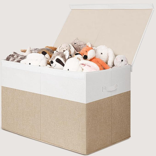 INDRESSME 26"x17"x17" Large Toy Box, Toy Storage Organizer Collapsible Storage Bins with Lids Toy Chest for Nursery, Playroom, Living Room, Toy Baskets Storage Kids, Boys Girls (Beige & White)