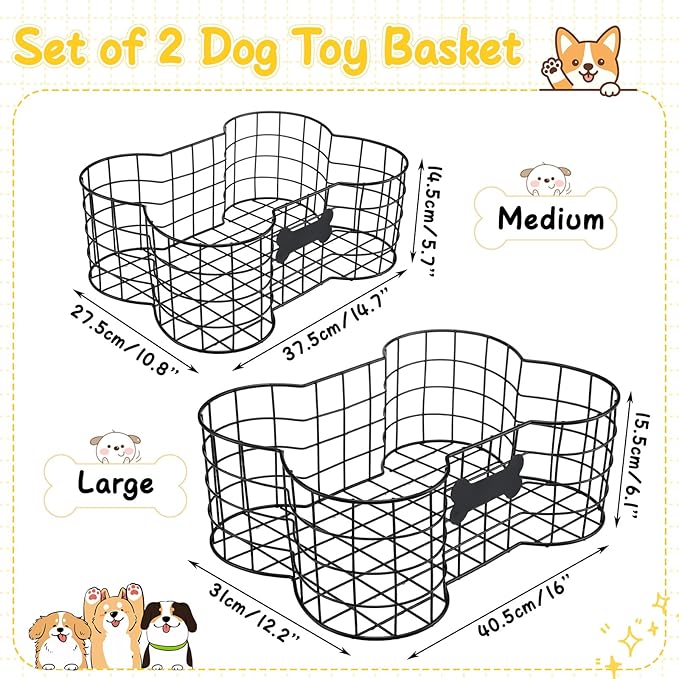 Vesici 2 Pack Metal Dog Toy Baskets Bone Shaped Dog Toy Storage Bins Container for Living Room Pet Chew Toys Chest Organizer Holder 16 x 12 x 6 Inch &15 x 11 x 6 Inch