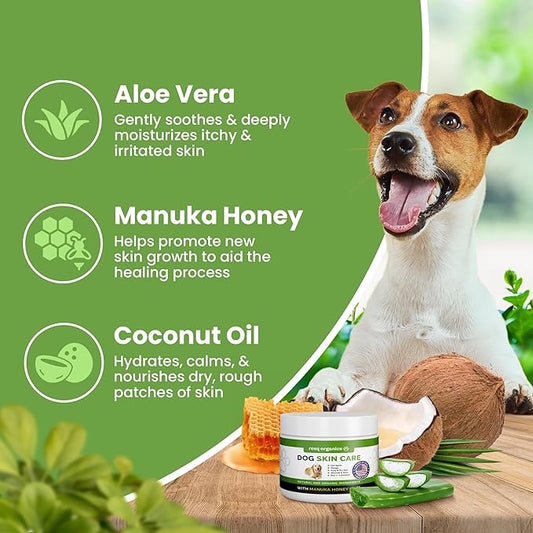 Hot Spot Treatment for Dogs - Pet Wound Care, Healing Ointment for Pets Itchy Skin Relief, Dry Skin Treatment, Natural Allergy Relief, Dog Paw Balm + Manuka Honey, Aloe Vera, Vitamin E (4 Oz.)