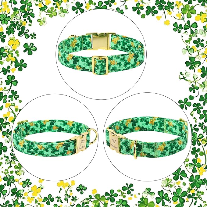 St. Patrick's Day Dog Collar for Small Dogs - Lucky Festival Dog Collars, Green Clover & Floral Pattern, Adjustable Heavy Duty Spring Dogs Collar with Metal Buckle S