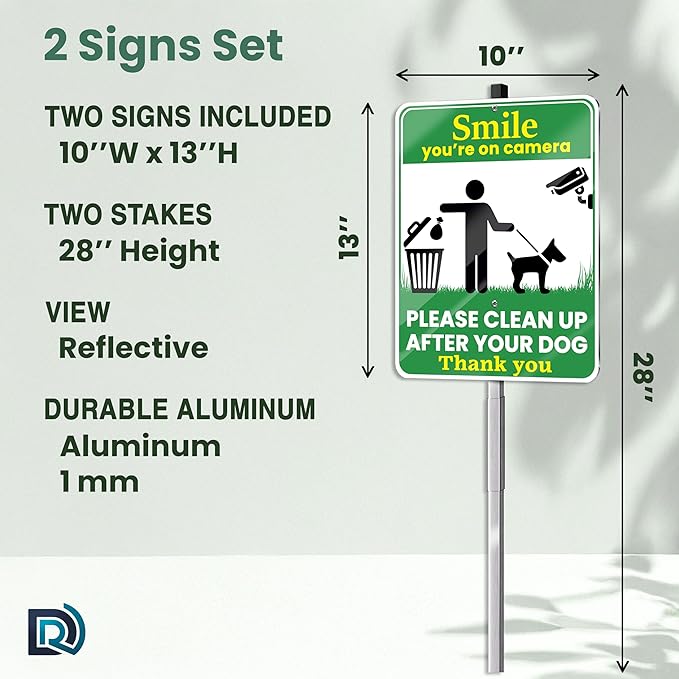 Clean Up After Your Dog Signs, Smile Youre on Camera Signs, 10 x 13 Inch Reflective Aluminum Outdoor Yard Signs with 28 Inch Metal Stake, 2 Pack