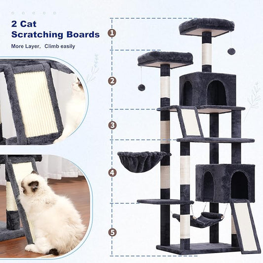Gitelsnour Cat Tree for Indoor Cats, 71'' (180cm) Multi-Level Cat Tower for Large Adult, Sturdy Cat Tree House with 2 Scratching Boards 7 Posts, 2 Plush Perches/Condos, Hammock, Smoky Gray GCT032G