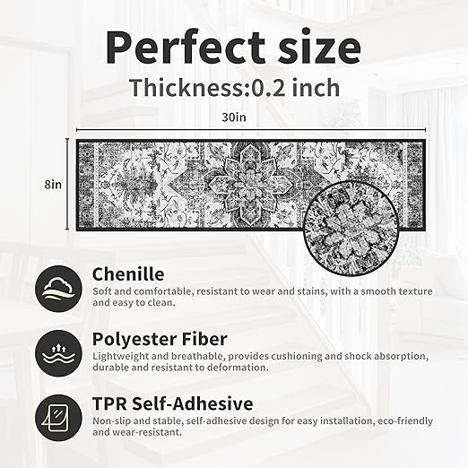 Non-Slip Carpet Stair Treads 4PCS, 8"x30" Peel and Stick Stair Runner for Wooden Steps Indoor, Washable Reusable Adhesive Backing, Pet-Friendly Safety Mats for Kids, Elders, Dogs
