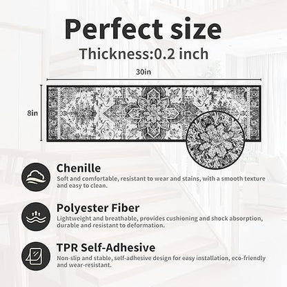 Non-Slip Carpet Stair Treads 4PCS, 8"x30" Peel and Stick Stair Runner for Wooden Steps Indoor, Washable Reusable Adhesive Backing, Pet-Friendly Safety Mats for Kids, Elders, Dogs