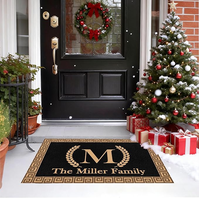 Custom Doormat with Family Name Fashion Personalized Entryway Door Mat Front Door Mat for Outdoor Decor Entrance Mat Customised Rug Christmas Housewarming Gift with Anti-Slip Backing