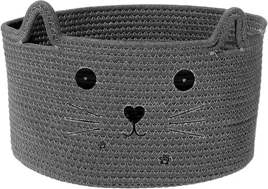 Zopeal Cat Basket Storage Woven Organizer with Ears Easter Decorative Pet Toy Cute Cotton Rope Basket for Gift Cat Dog Toy Bin Nursery Room(13.7 x 7.8 Inch,Dark Grey)