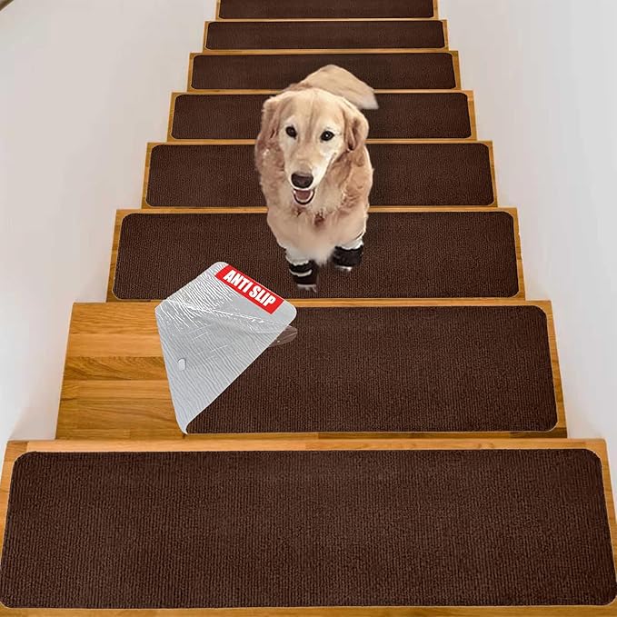 Nonslip Stair Treads Wooden Steps, 15 PCS 30" x 8" Safety Rug Slip Resistant Runner with Reusable Adhesive, Carpet Landing Mat for Family Elders Pets Soft Stair Mats Indoor (Brown)