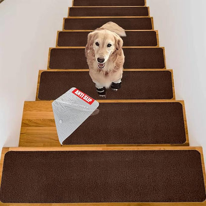 Nonslip Stair Treads Wooden Steps, 15 PCS 30" x 8" Safety Rug Slip Resistant Runner with Reusable Adhesive, Carpet Landing Mat for Family Elders Pets Soft Stair Mats Indoor (Brown)