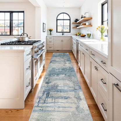 2.6x14 Extra Long Runner Rug Grey Abstract: Washable Non-Slip Carpet for Hallways - Soft Low-Pile Thin Indoor Runner for Long Spaces 2.6x14 Blue