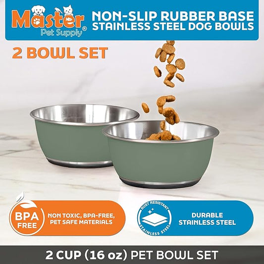 Master Pet Supply Stainless Steel Dog Bowls Set of 2 (16 Oz Each) with Non-Slip Rubber Base - Camo Patrol - Basic Dog Food Bowl Water & Food Bowls for Small Medium Large Dogs & Cats, Metal Dish