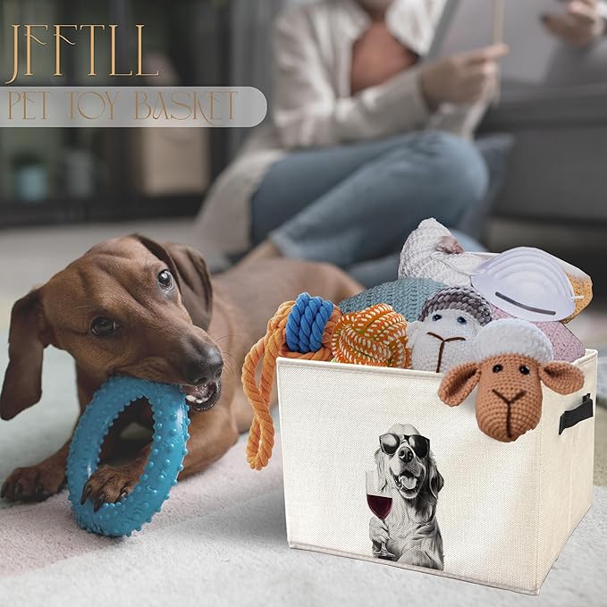 Funny Golden Retriever and Wine Dog Toy Basket, Golden Retriever Lovers Gifts Collapsible Pet Dog Toy Storage Bin Box Basket Organizer, Pet Supplies for Dogs