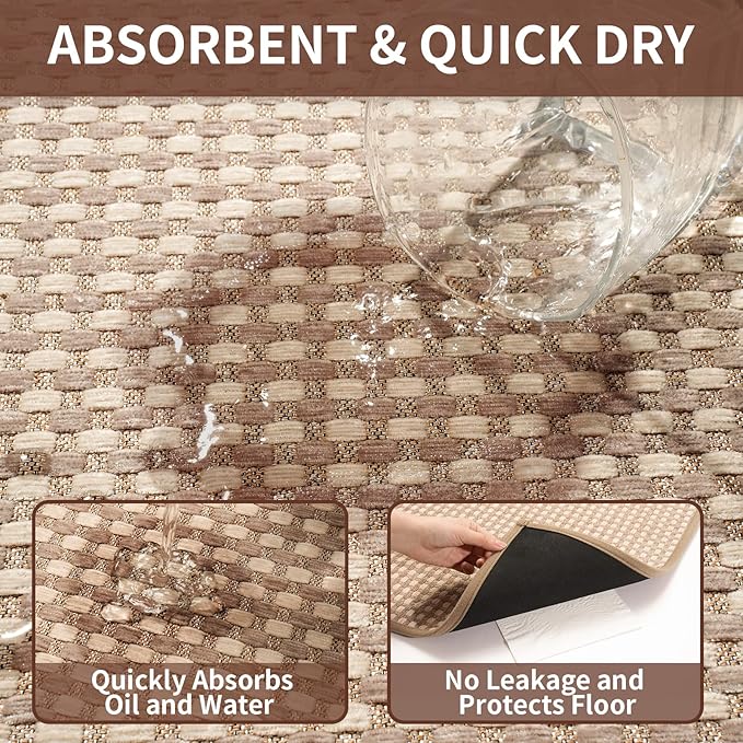 Kitchen Runner Rugs Non Slip Washable, Super Absorbent Soft Chenille Braided Kitchen Mats for Floor Rubber Backing Standing Sink Mat Floor Mat, Easy to Clean, Brown 17"x59"