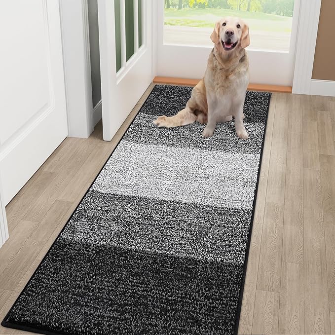 Smiry Dog Door Mat for Muddy Paws, Absorbs Moisture and Dirt, Low-Profile Entryway Mat with Non-Slip Backing, Entry Indoor Outdoor Doormat for Inside Floor (48x32 Inches, Black, Striped)