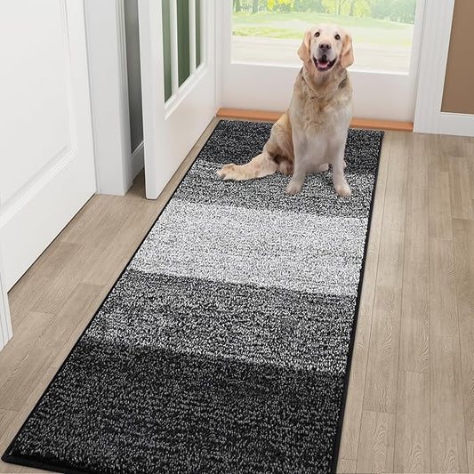 Smiry Dog Door Mat for Muddy Paws, Absorbs Moisture and Dirt, Low-Profile Entryway Mat with Non-Slip Backing, Entry Indoor Outdoor Doormat for Inside Floor (48x30 Inches, Black, Striped)