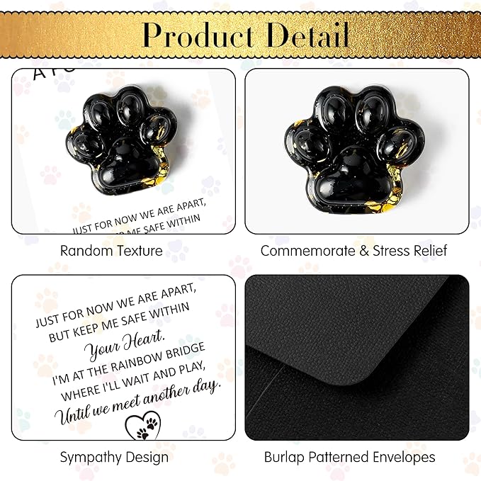 Loss of Pet Sympathy Gift - Black Obsidian Mini Paw Pocket Hug with Memorial Card Envelope Remembrance Bereavement Gift for Loss of Dog Cat Sympathy Favor Adult Pet Lover Stress Relief Toy