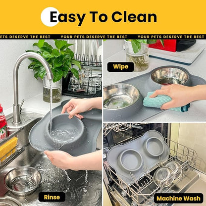 Dog Bowls with Non-Slip Silicone Mat, Spill Proof Large Food & Water Bowls Set, Easy Clean Dog Food Dish, Dishwasher Safe, Suitable for Dogs Cats Pet Under 90lbs, Large, Grey
