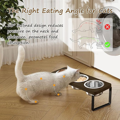 Elevated Cat Bowls with 3 Stainless Steel Bowls | 10° Tilted Anti-Vomiting Raised Cat Food Bowl for Small Cats and Puppies Pet Bowl with Stand（Walnut Color）