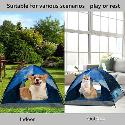 Outdoor Waterproof Pet Camping Tent, Cave Bed for Indoor Cats and Small Dogs, Portable Cat House Dog House, 21.6x21.6x14.9'', Navy Blue, S. (The Pole has Been Improved)