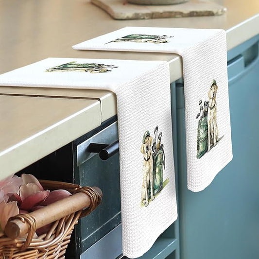 Golf Dog Kitchen Towels - Labrador Dish Towels, Sports Gifts, Pet Golf Club Decorative Absorbent Dishcloths Hand Towels Set of 2 for Spa Kitchen Gym Decor 16x24 Inches