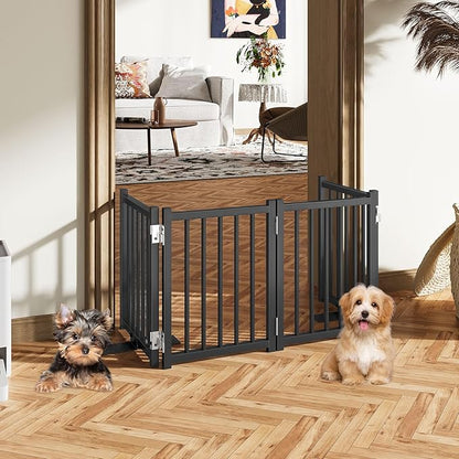 Snughome Short Dog Gate Indoor, 16" High Freestanding Small Dog Door Gates with Support Feet, Expands Up to 48’’ Wide Foldable Pet Gate for Doorway, 4 Panel Folding Pet Door Pet Fence for Puppy, Black