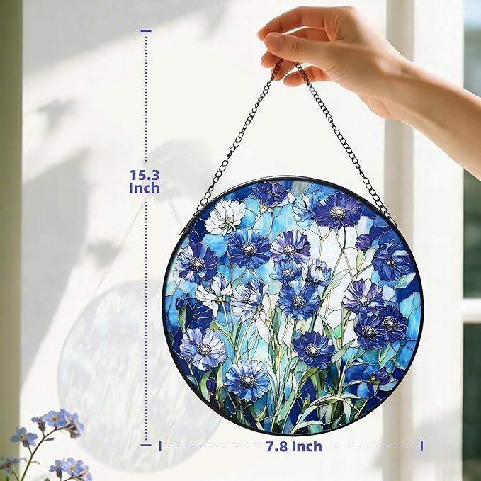 Cornflower Blue Suncatcher for Window and Garden - 7.8 in Handmade Stained Glass Suncatcher for Outdoor Decor, Rainbow Maker Gift for Mom, Housewarming, Birthday, Christmas - Home Decor