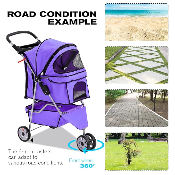 HCY Folding Dog Stroller, 3 Wheels Cat Strollers Pet Gear for Small Medium Cats Dogs Puppy with Storage Basket, Cup Holder,Lightweight-Purple, 35.04inchx17.32inchx38.58inch