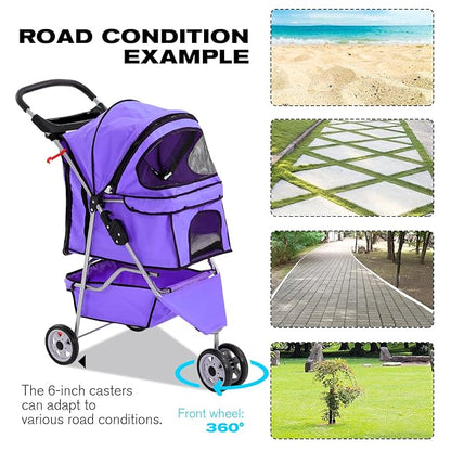 HCY Folding Dog Stroller, 3 Wheels Cat Strollers Pet Gear for Small Medium Cats Dogs Puppy with Storage Basket, Cup Holder,Lightweight-Purple, 35.04inchx17.32inchx38.58inch