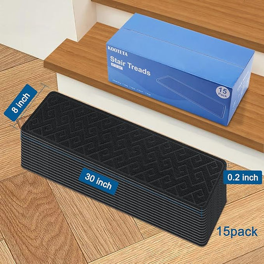 Stair Treads for Wooden Steps Indoor, 15 Pack 8" X 30" Non Slip Carpet Stair Treads with Reusable Adhesive for Kids Elders and Dogs, Surface Polyester TPR Backing Stair Rugs
