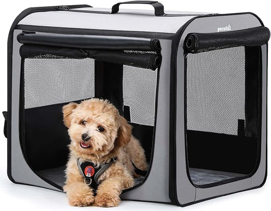 Dog Car Carrier Light Weight 24×17.7×20.5in, Dog Carrier Easy to Assemble, Dog Car Crate Portable and Breathable, Foldable Pet Carrier for Indoor and Outdoor, Dog Travel Crate with Curtain Gray