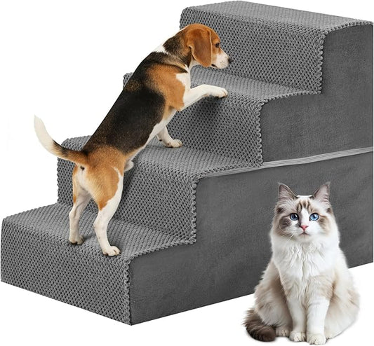 DUMOS Dog Stairs for Small and Medium Dogs, 4-Step Pet Steps with High-Density Foam, Indoor Non-Slip Pet Ramp for Puppy and Older Dogs Cats, Dog Bed Stairs for Couch and Sofa, Grey