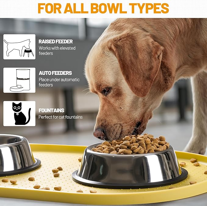 Hubulk 100% Waterproof Silicone Pet Feeding Mat with Raised Edge for Food and Water, Dog Bowl Mats, Cat Bowls Placemat with High Lip Protects Floor for Cats and Dogs (Yellow, 16" L x 10" W)