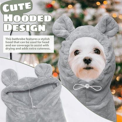 Dog Bathrobe Super Absorbent Towel Robe - Microfiber Bath Towels Fast Drying Coat for Dogs, Cute Dogs Clothes Adjustable Collar & Belly Strap Warm Keeping Hooded Dog Towel (Grey, Medium)