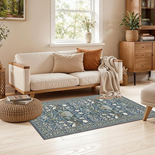 Washable 2x4 Entryway Area Rugs: Anti-Slip Thin Kitchen Carpet Indoor Light-Weight Doormat Ultra Soft Low Pile Nursery Room Rug Vintage Small Floor Mat for Hardwood Bedroom (2x4,Floral/Blue)