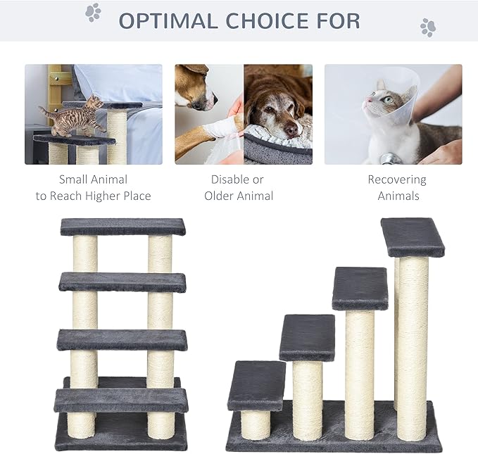 PawHut Cat Tree with 4 Steps for High Beds Couch, Cute Stair Shaped Cat Tree for Indoor Cats or Dogs w/Sisal Scratching Post, Climbing, Playing, Gray
