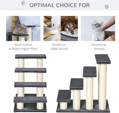 PawHut Cat Tree with 4 Steps for High Beds Couch, Cute Stair Shaped Cat Tree for Indoor Cats or Dogs w/Sisal Scratching Post, Climbing, Playing, Gray