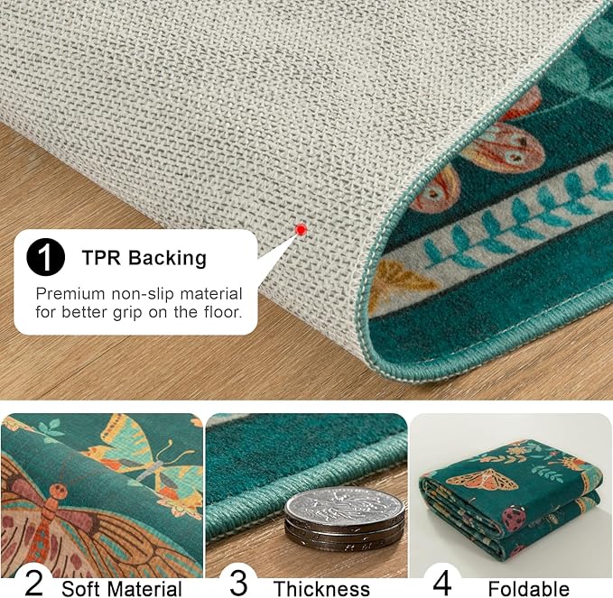 Unirea 2x6 Dark Blue Runner Rug, Washable Non Slip Insect Botanical Rug for Hallway, Kitchen, Bathroom, Laundry Room, Entryway, Bedroom, Soft Boho Door Mat Indoor Entrance Bug Rugs, Low Pile Carpet
