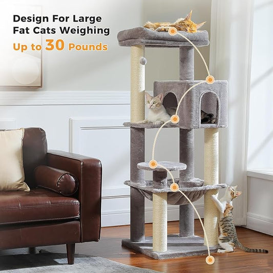 MUTTROS Large Cat Tree with Reinforced Scratching Posts (φ3.7in) for Big Adult Cats 30 lbs, 57.8" Heavy Duty Cat Tower with Larger Hammock and Condo, Cat Furniture for Maine Coon, Plush,Grey