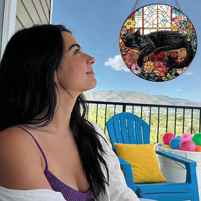 Stained Glass Window Hanging, 7.8″ Cat and Flower Sun Catchers with Hook Indoor Window Decor, Decorative Suncatchers Hanging Ornaments Home Garden Art Gift for Housewarming