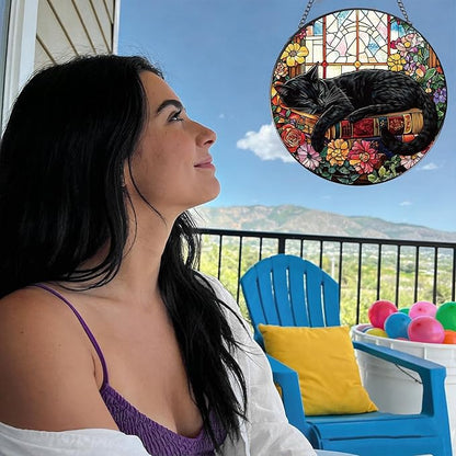 Stained Glass Window Hanging, 7.8″ Cat and Flower Sun Catchers with Hook Indoor Window Decor, Decorative Suncatchers Hanging Ornaments Home Garden Art Gift for Housewarming