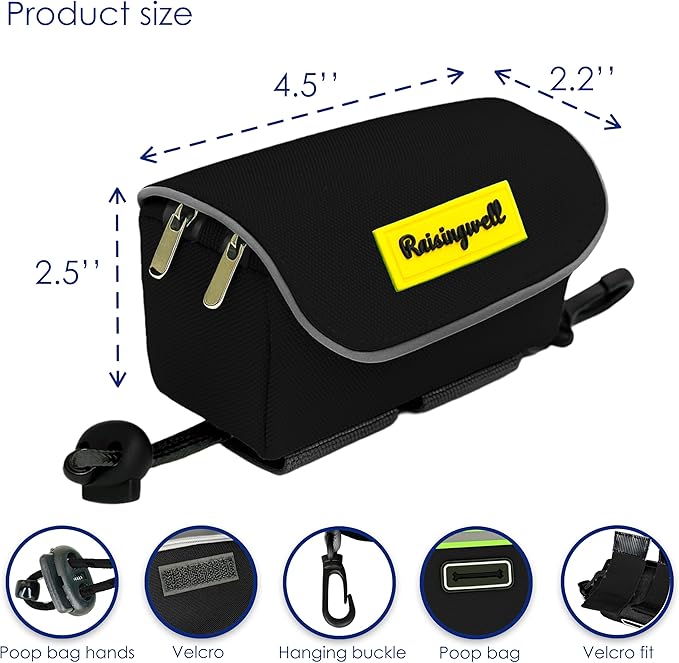 Dog Poop Bag Holder for Leash, 2 Waterproof Zipper Pouches, Dog Treat Pouch for Pet Walking Accessories, with Dispenser, Training Clicker and 1 Free Roll (Black)