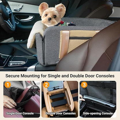 Console Dog Car Seat Cat Carrier - Pet Car Booster Seat on Cars' Armrest Travel Bags for Cats Dogs with Easy Carrying Strap Dog Travel Carrier with Safety Tethers