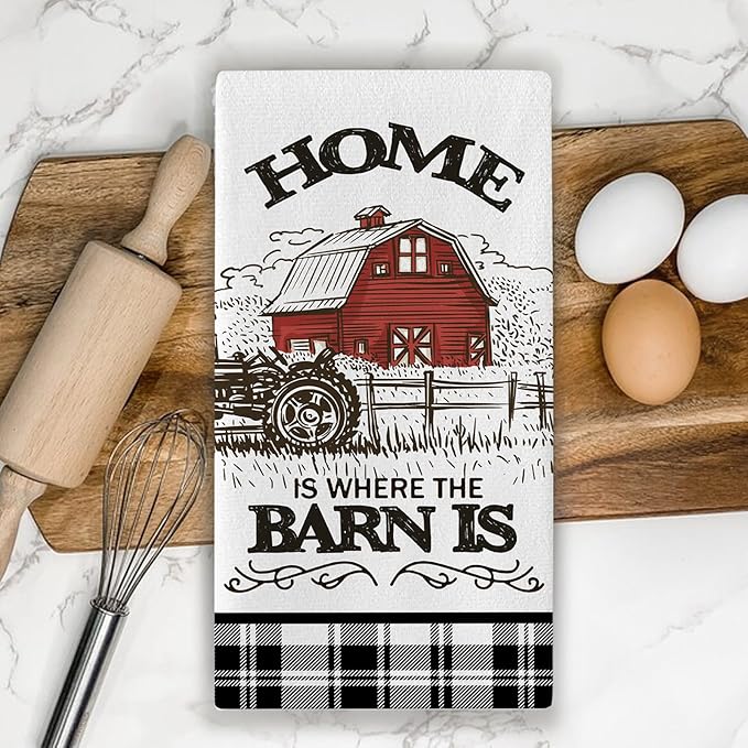 Farm Animals Kitchen Dish Towels Set of 2, Farmhouse Cow Rooster Barn Drying Hand Towel Baking Cooking Cloth, Homestead Tractor Sweet Home Decoration 18 x 26 Inches
