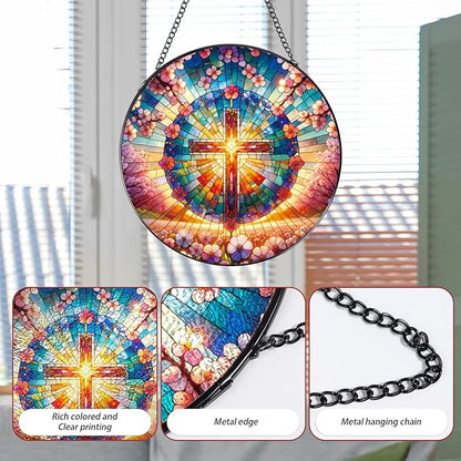 Cross Stained Glass Window Hanging, 7.8″ Sun Catchers with Hook Indoor Window Decor, Decorative Suncatchers Home Garden Art Gift for Thanksgiving Christmas Housewarming