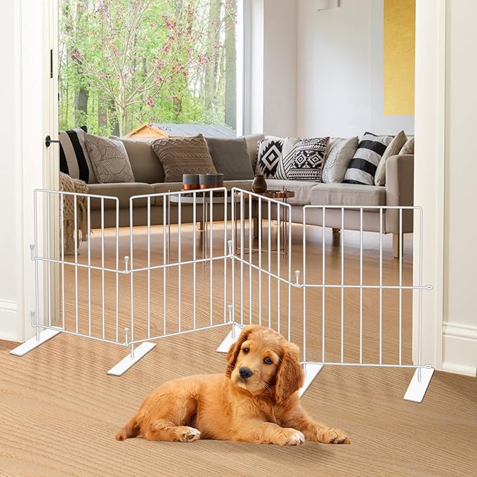 Short Puppy Gate - 17 Inch Height Dog Gate, Metal Free Standing Pet Gates, Expands Up to 48 Inches for Indoor/Outdoor, Step Over Pet Fence for Small Dogs