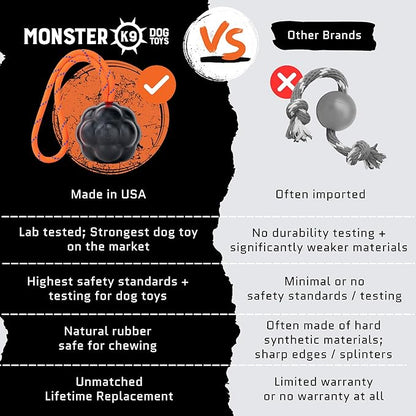 Monster K9 Launcher Tug Dog Ball - Lifetime Replacement - Medium & Large Breeds - Aggressive Chewers - Chew, Tug, & Fetch Dog Toy - Made in USA - (Rope NOT for Chewing & NOT Guaranteed)