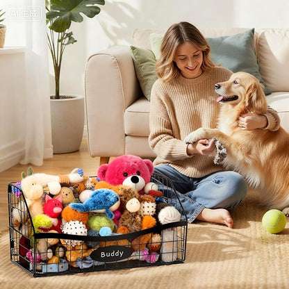 Dog Toy Basket - Durable Chew-Proof Dog Toy Storage Bin with Handles, Foldable Portable Metal Basket Organizer for Pet Toy Holder