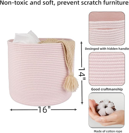 Cotton Rope Basket For Girls Kids 16”X14” Baby Laundry Baskets Nursery Bin Round Woven Basket Organizer For Storage Toys Blankets Shoes Clothes pink