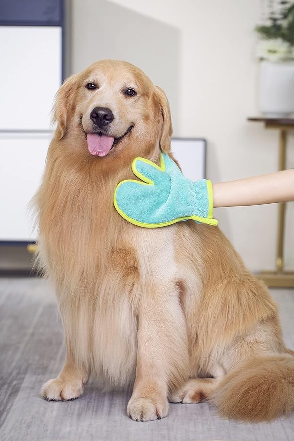 Pawyee Super Soft Fast-Drying Dog Towel Set for Cold Weather, Beach, Pool - Adjustable Microfiber Bath Robe with Drying Gloves for Cats and Dogs (L, Blue Dino)