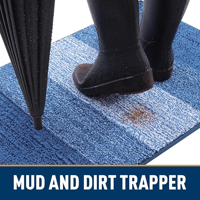 Smiry Dog Door Mat for Muddy Paws, Absorbs Moisture and Dirt, Low-Profile Entryway Mat with Non-Slip Backing, Entry Indoor Outdoor Doormat for Inside Floor (48x32 Inches, Navy Blue, Striped)