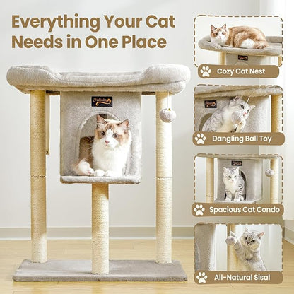 Cat Tree Tower Scratching Post for Indoor Large Cats, Small Cat Tree with Big Perch Bed, 28in Tall Trees House with Condo Cave, Toy Balls, Modern Climbing Furniture Platform for Kitten (Light Gray)